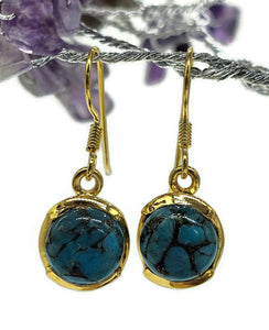 Blue Turquoise Earrings, Gold Plated Sterling Silver, Round Shaped, Protection Stone - GemzAustralia 