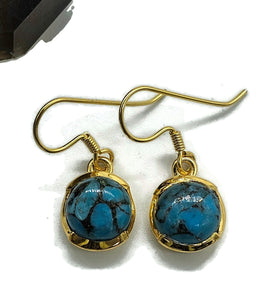 Blue Turquoise Earrings, Gold Plated Sterling Silver, Round Shaped, Protection Stone - GemzAustralia 