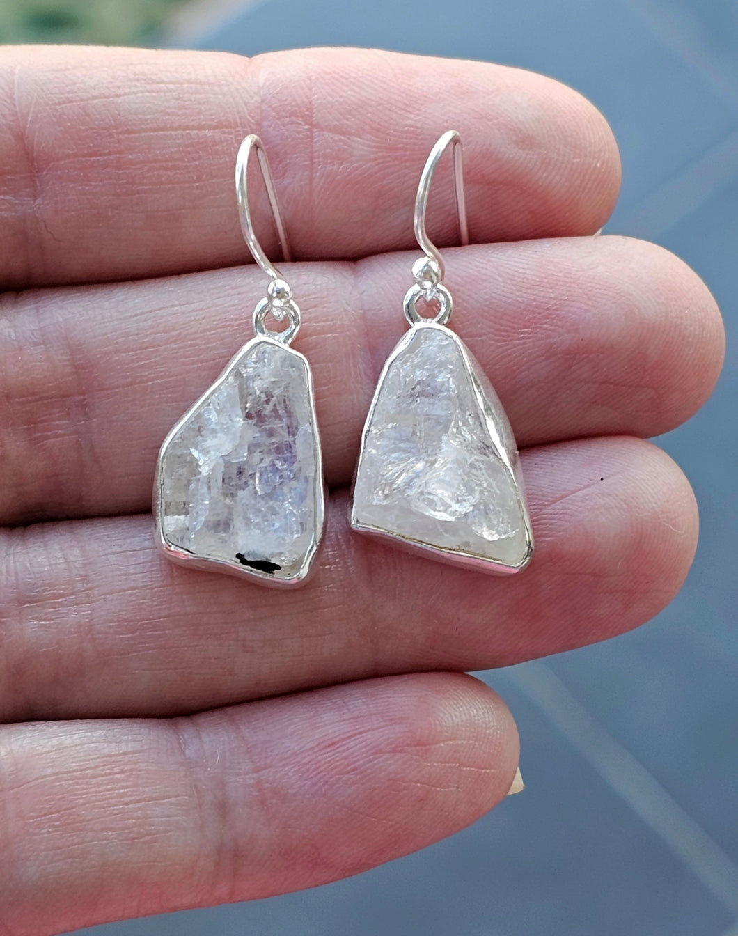 Raw Moonstone Earrings, Sterling Silver, June Birthstones, Rough Moonstones - GemzAustralia 