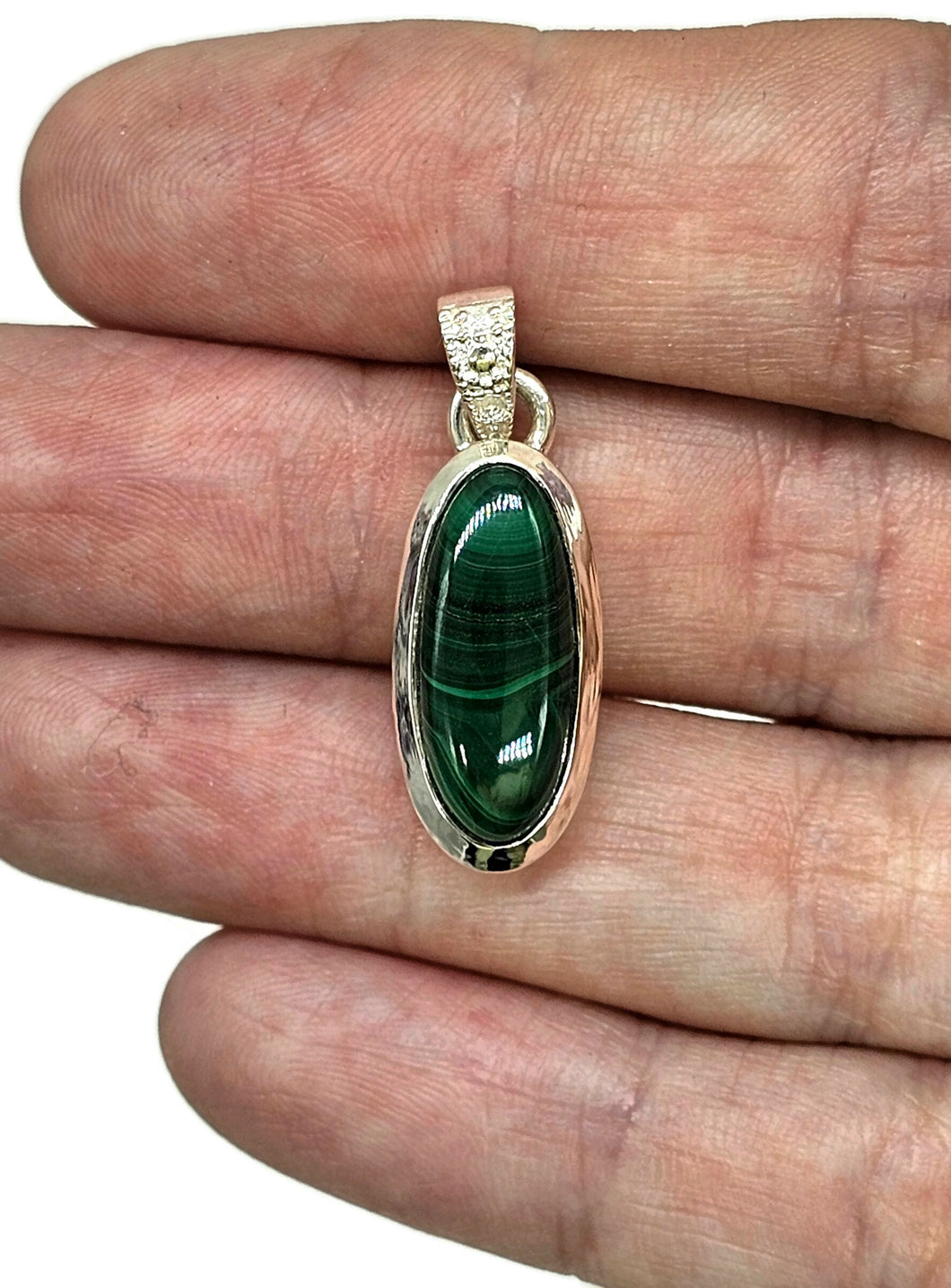 Long Oval Malachite Pendant, Sterling Silver, Beautiful Rich Green Gemstone - GemzAustralia 