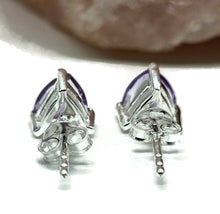 Load image into Gallery viewer, Amethyst Studs, Trillion Faceted, Sterling Silver, 2.6 cts, Solitaire Earrings, Prong Set - GemzAustralia 