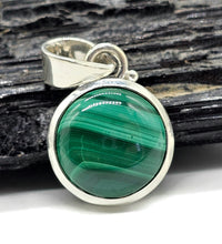 Load image into Gallery viewer, Round Malachite Pendant, Sterling Silver, Beautiful Rich Green Gemstone, Bezel Setting - GemzAustralia 