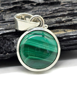 Round Malachite Pendant, Sterling Silver, Beautiful Rich Green Gemstone, Bezel Setting - GemzAustralia 