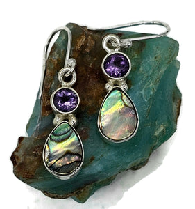 Paua Shell & Amethyst Earrings, Sterling Silver, New Zealand Abalone Shell - GemzAustralia 