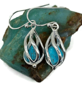 Raw Blue Turquoise Cage Earrings, Sterling Silver, December Birthstone, Rough Turquoise - GemzAustralia 