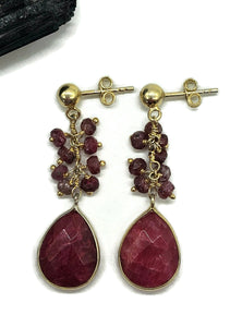 Dangly Ruby Earrings, 14k Gold Plated Sterling Silver, Faceted Bead Earrings - GemzAustralia 