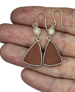 Sunstone & Pearl Earrings, Triangle Shaped, Sterling Silver, Stone of Leadership - GemzAustralia 