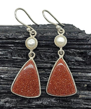 Load image into Gallery viewer, Sunstone &amp; Pearl Earrings, Triangle Shaped, Sterling Silver, Stone of Leadership - GemzAustralia 