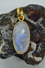 Load image into Gallery viewer, Faceted Rainbow Moonstone Pendant, 18k Gold Plated Sterling Silver, Oval Shape - GemzAustralia 