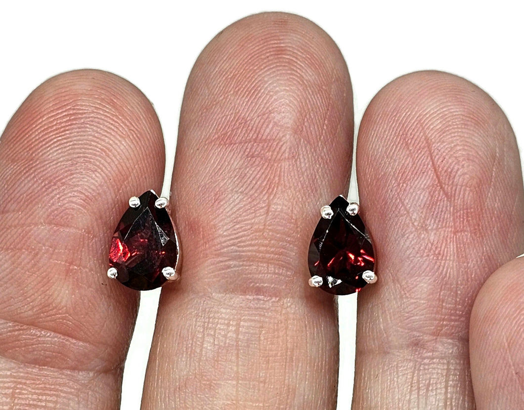 Garnet Studs, Sterling Silver, January Birthstone, 2.4 carats, Pear Faceted - GemzAustralia 