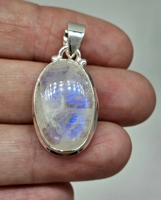 Rainbow Moonstone Pendant, Oval Shape, Sterling Silver, Goddess Gemstone - GemzAustralia 