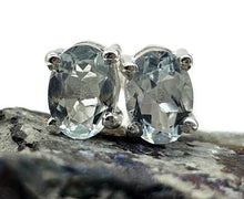 Load image into Gallery viewer, Aquamarine Stud Earrings, Sterling Silver, March Birthstone, Faceted oval shape - GemzAustralia 