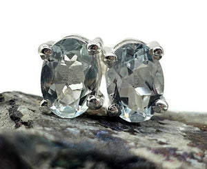 Aquamarine Stud Earrings, Sterling Silver, March Birthstone, Faceted oval shape - GemzAustralia 