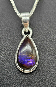 Purple Ammolite Pendant, Sterling Silver, Pear Shaped, Fossilized Ammonites - GemzAustralia 