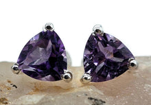 Load image into Gallery viewer, Amethyst Studs, Trillion Faceted, Sterling Silver, 2.6 cts, Solitaire Earrings, Prong Set - GemzAustralia 