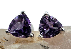 Amethyst Studs, Trillion Faceted, Sterling Silver, 2.6 cts, Solitaire Earrings, Prong Set - GemzAustralia 