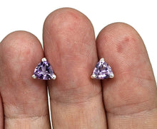 Load image into Gallery viewer, Amethyst Studs, Trillion Faceted, Sterling Silver, 2.6 cts, Solitaire Earrings, Prong Set - GemzAustralia 