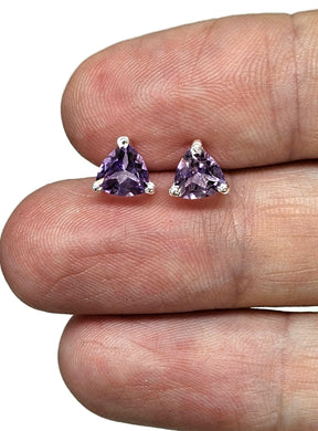 Amethyst Studs, Trillion Faceted, Sterling Silver, 2.6 cts, Solitaire Earrings, Prong Set - GemzAustralia 
