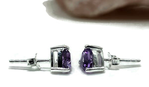 Amethyst Studs, Trillion Faceted, Sterling Silver, 2.6 cts, Solitaire Earrings, Prong Set - GemzAustralia 