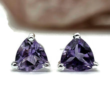 Load image into Gallery viewer, Amethyst Studs, Trillion Faceted, Sterling Silver, 2.6 cts, Solitaire Earrings, Prong Set - GemzAustralia 