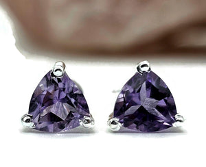 Amethyst Studs, Trillion Faceted, Sterling Silver, 2.6 cts, Solitaire Earrings, Prong Set - GemzAustralia 