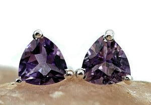 Amethyst Studs, Trillion Faceted, Sterling Silver, 2.6 cts, Solitaire Earrings, Prong Set - GemzAustralia 