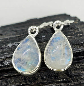 Teardrop Rainbow Moonstone Earrings, Sterling Silver, Blue Sheen Moonstone - GemzAustralia 