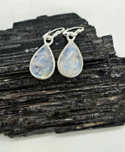 Load image into Gallery viewer, Teardrop Rainbow Moonstone Earrings, Sterling Silver, Blue Sheen Moonstone - GemzAustralia 