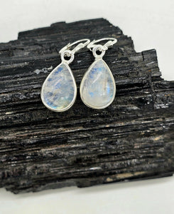 Teardrop Rainbow Moonstone Earrings, Sterling Silver, Blue Sheen Moonstone - GemzAustralia 