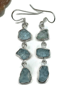 Three drop Aquamarine Earrings, March Birthstone, Sterling Silver, Raw Aquamarines - GemzAustralia 