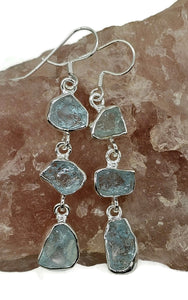 Three drop Aquamarine Earrings, March Birthstone, Sterling Silver, Raw Aquamarines - GemzAustralia 