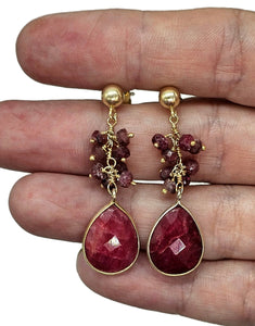 Dangly Ruby Earrings, 14k Gold Plated Sterling Silver, Faceted Bead Earrings - GemzAustralia 