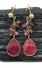 Load image into Gallery viewer, Dangly Ruby Earrings, 14k Gold Plated Sterling Silver, Faceted Bead Earrings - GemzAustralia 