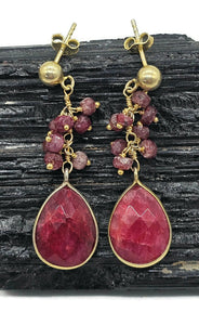 Dangly Ruby Earrings, 14k Gold Plated Sterling Silver, Faceted Bead Earrings - GemzAustralia 