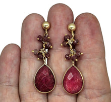 Load image into Gallery viewer, Dangly Ruby Earrings, 14k Gold Plated Sterling Silver, Faceted Bead Earrings - GemzAustralia 