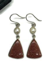 Load image into Gallery viewer, Sunstone &amp; Pearl Earrings, Triangle Shaped, Sterling Silver, Stone of Leadership - GemzAustralia 