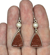 Load image into Gallery viewer, Sunstone &amp; Pearl Earrings, Triangle Shaped, Sterling Silver, Stone of Leadership - GemzAustralia 