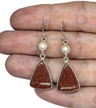 Load image into Gallery viewer, Sunstone &amp; Pearl Earrings, Triangle Shaped, Sterling Silver, Stone of Leadership - GemzAustralia 