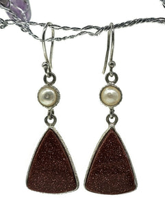 Sunstone & Pearl Earrings, Triangle Shaped, Sterling Silver, Stone of Leadership - GemzAustralia 