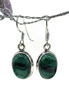 Oval Malachite Earrings, Sterling Silver, Deep Green Gemstone, Visionary Stone - GemzAustralia 