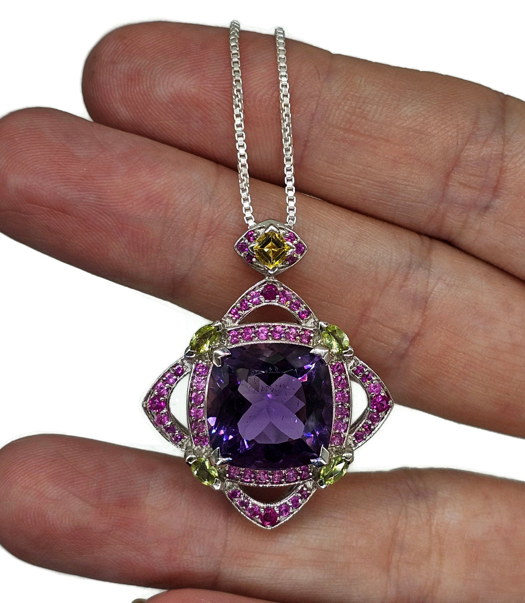 Amethyst, Pink Sapphire, Yellow Sapphire & Green Tourmaline pendant, Art Deco Design - GemzAustralia 