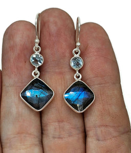 Labradorite & Blue Topaz  Earrings, Sterling Silver, Diamond / Round Shape, Mystical - GemzAustralia 