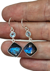 Labradorite & Blue Topaz  Earrings, Sterling Silver, Diamond / Round Shape, Mystical - GemzAustralia 