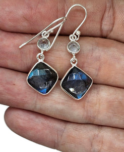 Labradorite & Blue Topaz  Earrings, Sterling Silver, Diamond / Round Shape, Mystical - GemzAustralia 