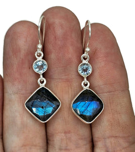 Labradorite & Blue Topaz  Earrings, Sterling Silver, Diamond / Round Shape, Mystical - GemzAustralia 