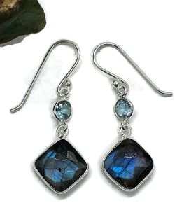 Labradorite & Blue Topaz  Earrings, Sterling Silver, Diamond / Round Shape, Mystical - GemzAustralia 