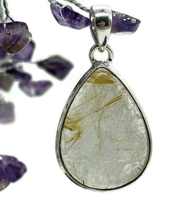 Golden Rutile Pendant, Rutilated Quartz, Sterling Silver, Pear Shaped, 34 Carats, Angel Hair - GemzAustralia 