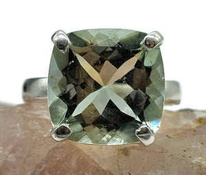 Green Amethyst Ring, Size R, Cushion Cut, Sterling Silver, Prasiolite Ring, Clears Negativity - GemzAustralia 