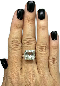 Green Amethyst Ring, Size R, Cushion Cut, Sterling Silver, Prasiolite Ring, Clears Negativity - GemzAustralia 