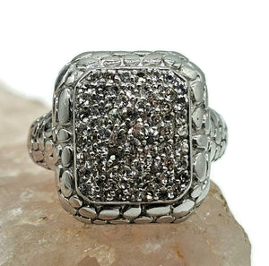 White Topaz Ring, Size S, Sterling Silver, Pave Set Gemstones, Rectangle Shaped - GemzAustralia 